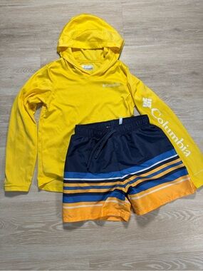 Columbia Kids Yellow Hooded Swim rashguard and H&M Swim Navy/ Orange Trunks Sz S